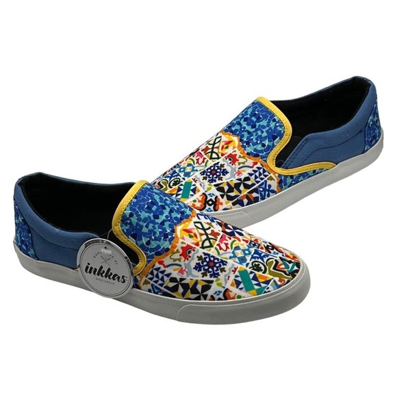 inkkas Shoes - Inkkas Womens Gaudi Slip On Shoes Size 7 Blue Multi Pattern Art To Wear Canvas